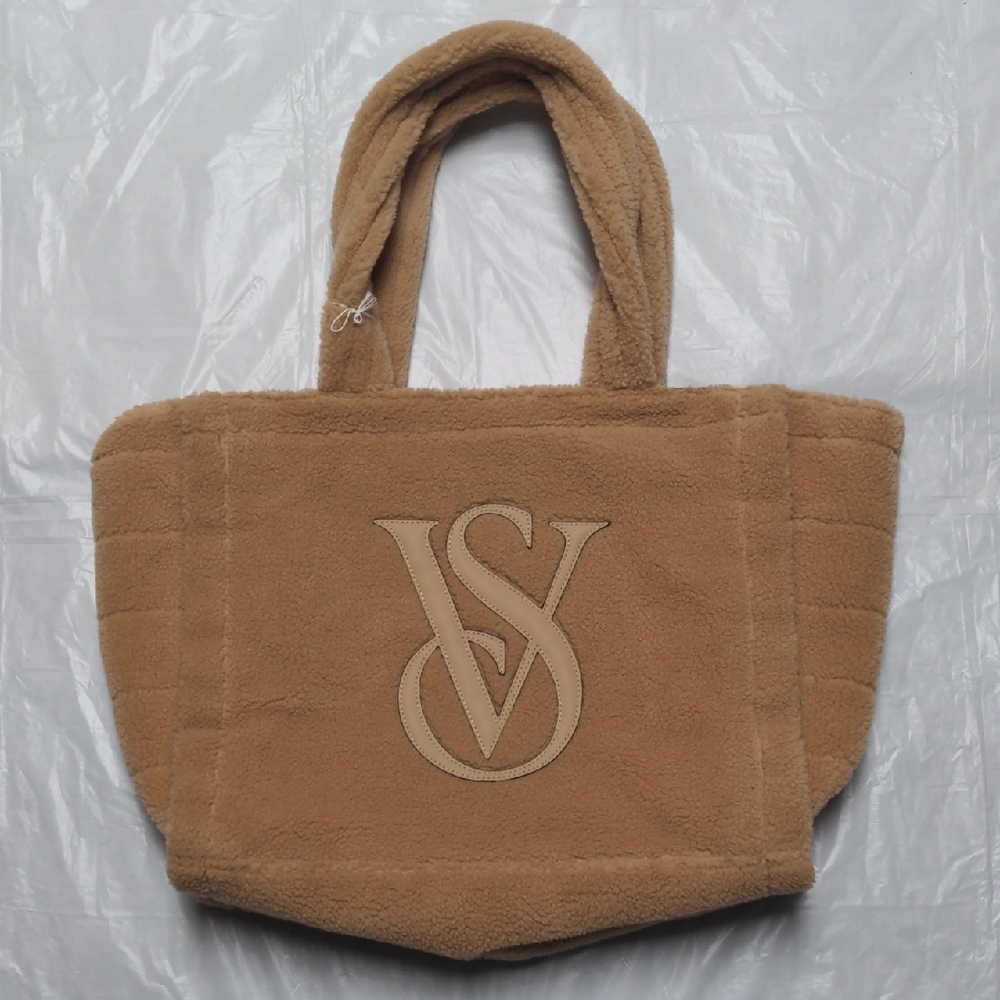 Victorias Secret Sherpa Tan Neutral Logo Tote Travel Gym Bag NWOT